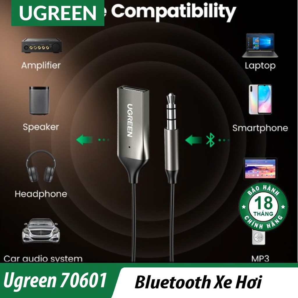 Bộ Thu Bluetooth 5.0 aptX Cho Xe Hơi Ugreen 70601 Chính Hãng - Có Mic Đàm Thoại