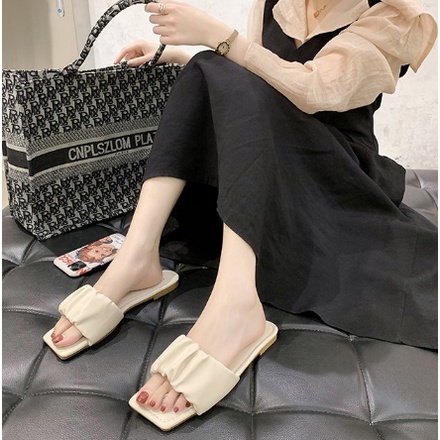 Dép Quai Ngang Nữ Bèo Nhún Tiểu Thư - Dép Lê Nữ Mũi Vuông Nhún Bèo Sành Điệu Mang Cực Êm Chân