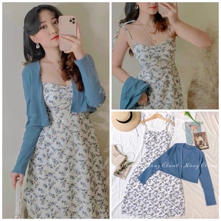 Set đầm 2 dây hoa nhí 💖ảnh thật cuối💖 - set váy hoa nhí xanh xẻ tà kèm áo khoác dệt kim mỏng nàng closet
