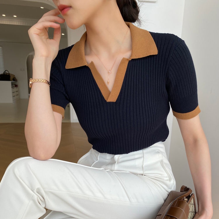 Áo Thun Polo Dệt Kim Tay Ngắn Màu Sắc Tương Phản Thời Trang Mùa Hè Cho Nữ