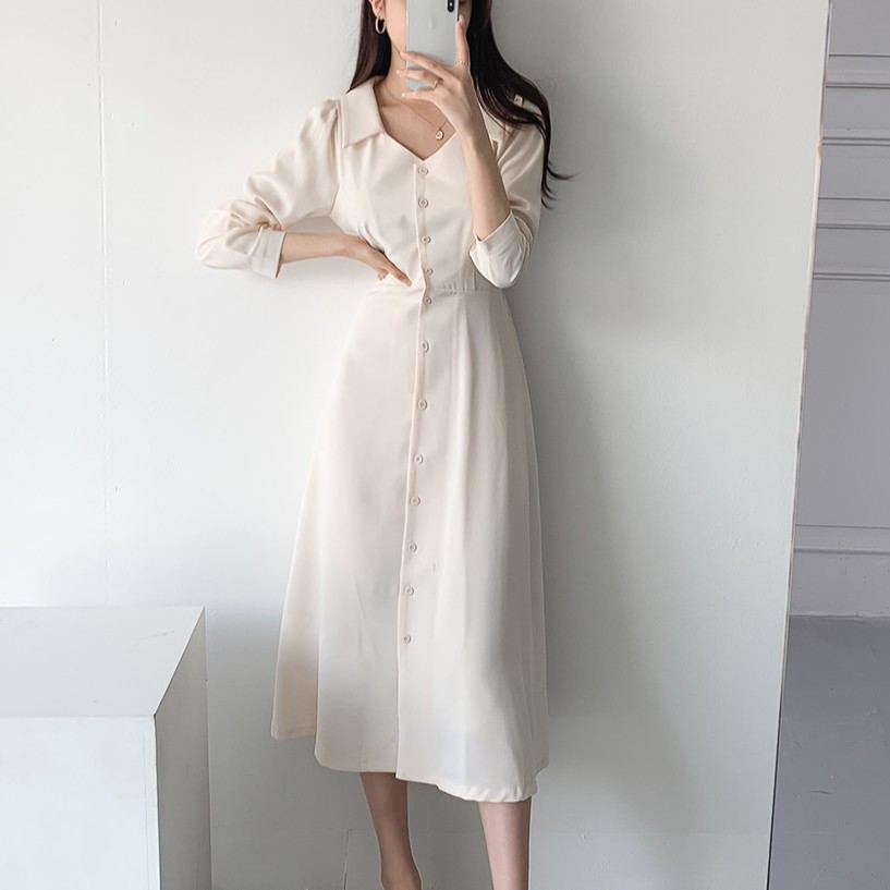 Đầm Midi tay dài cổ chữ V màu trơn đơn giản 37718