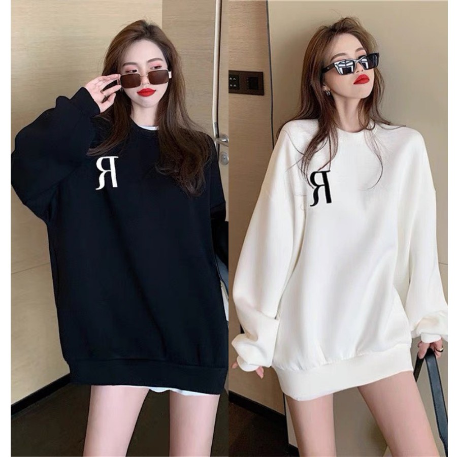 Áo Nỉ Sweater in R, Nam Nữ Unisex Form Rộng Dài Tay, Chất Nỉ 100% Cotton, 2 Màu Trắng Đen - Áo Sweater Form Rộng Unisex