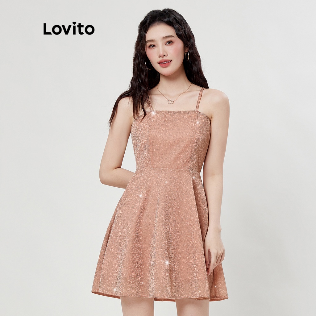 Váy Lovito trơn trơn trơn long lanh Spaghetti dây đeo A Line Women Dress L33ED025 (Champagne)