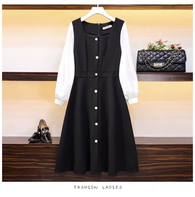 [ Mã FAMAYWA2 giảm 10K đơn 50K] đầm dáng suông tay dài cổ vuông đính nút | BigBuy360 - bigbuy360.vn