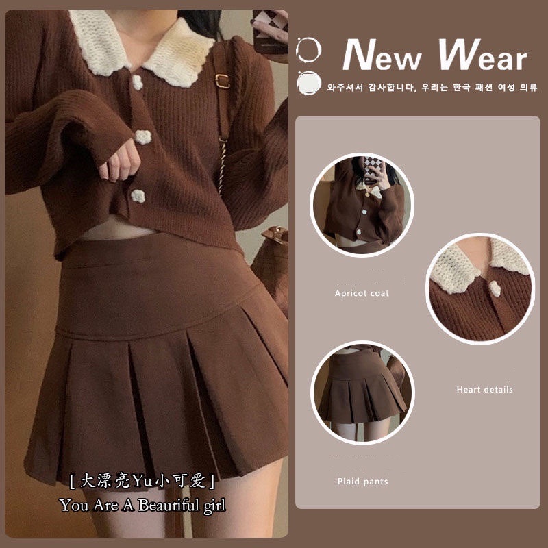 Set áo len nâu + chân váy xếp ly cạp cao mùa thu đông 🍂