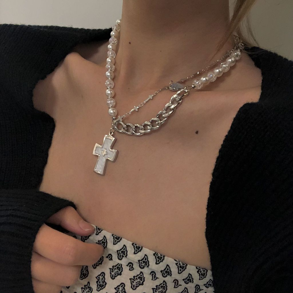 Dây chuyền xích ngọc trai mặt thánh giá phong cách hip hop 19a1421