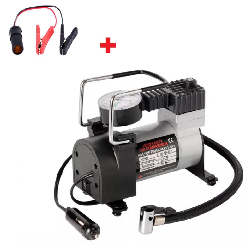 Combo Máy bơm lốp ô tô 12V TBO-120W, Bơm lốp xe hơi mini + Kẹp ắc quy sang tẩu xe hơi