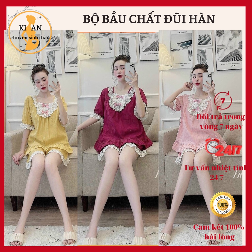 bộ bầu bèo nhún cổ cho mẹ điệu đà☘️đồ bộ bầu chất đũi hàn cao cấp siêu mát siêu mềm siêu mịn freesize từ 43-67kg BBH19
