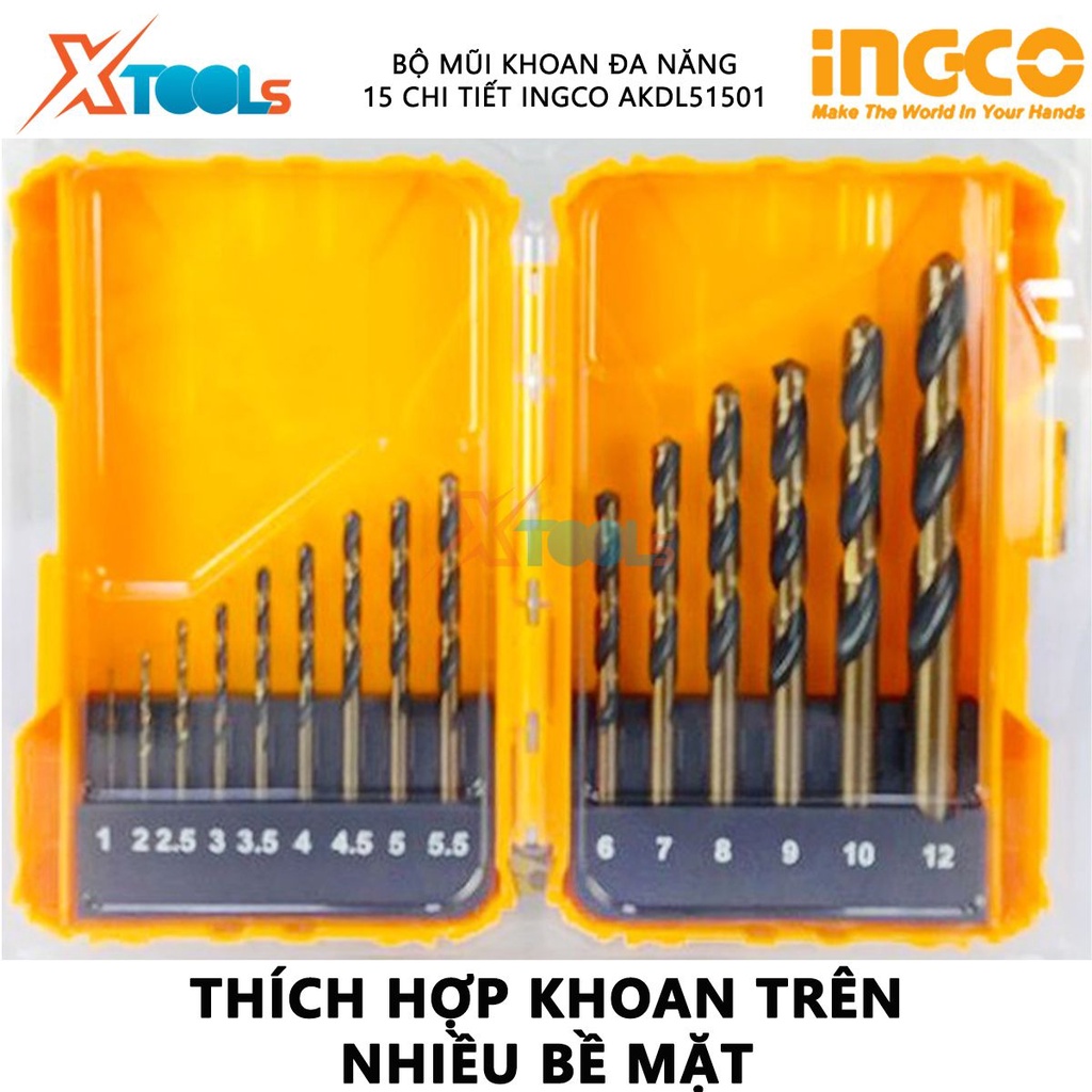 Bộ mũi khoan HSS 15 chi tiết INGCO AKDL51501 | bộ 15 mũi khoan kim loại Kích thước 1, 2, 2.5, 3, 3.5, 4, 5, 6, 7, 8, 9,