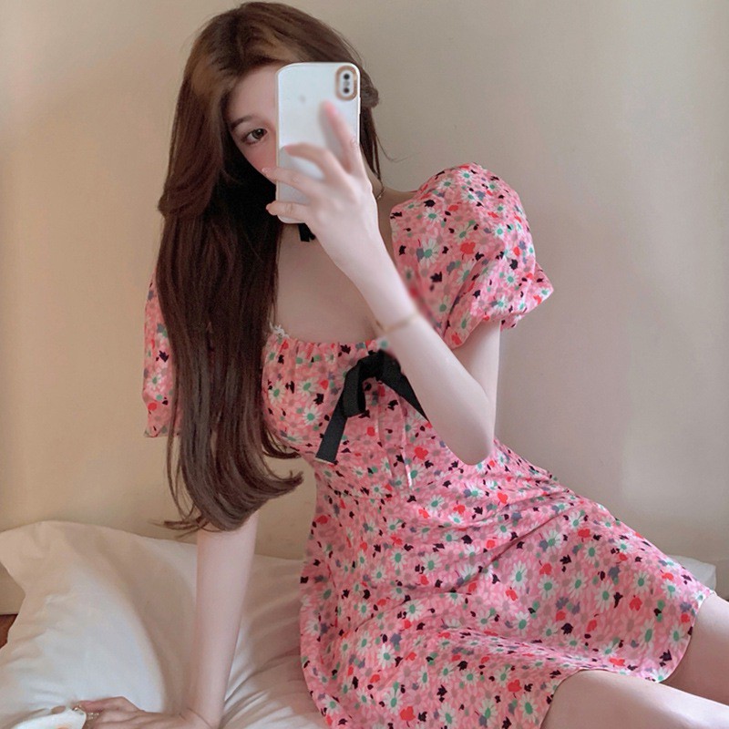 Đầm Tay Ngắn Cổ Vuông Họa Tiết Hoa Phong Cách Retro Cho Nữ