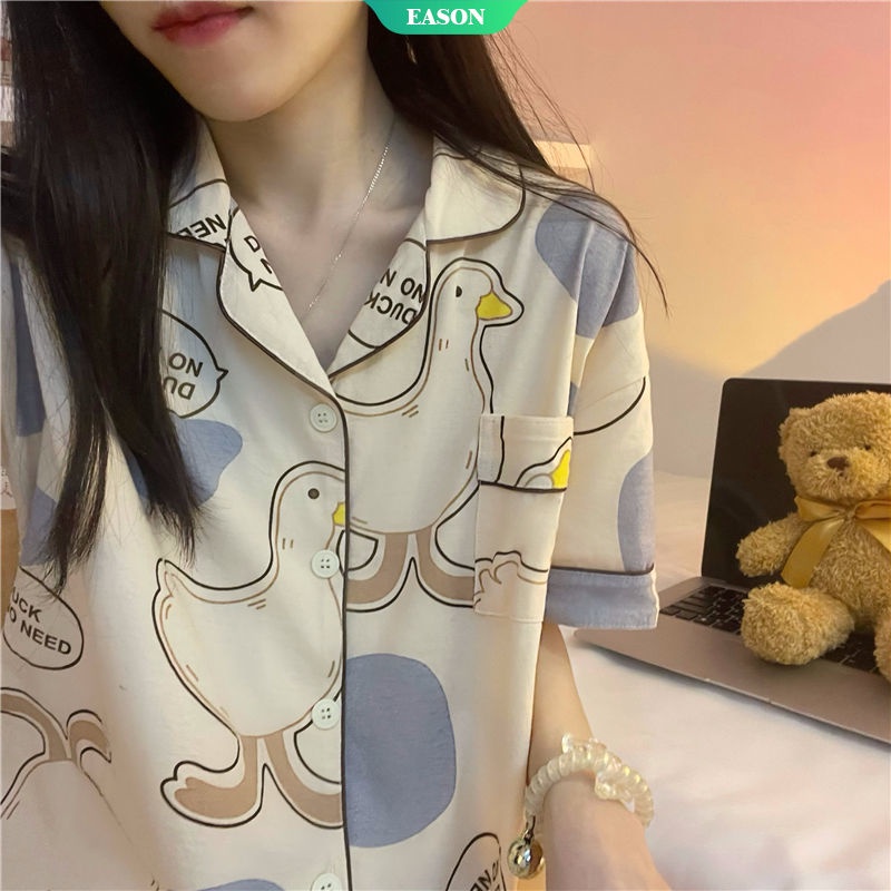 Bộ Đồ Ngủ Tay Ngắn Dáng Rộng In Họa Tiết Hoạt Hình Chú Vịt Dễ Thương Thời Trang Mùa Hè Xinh Xắn Cho Nữ