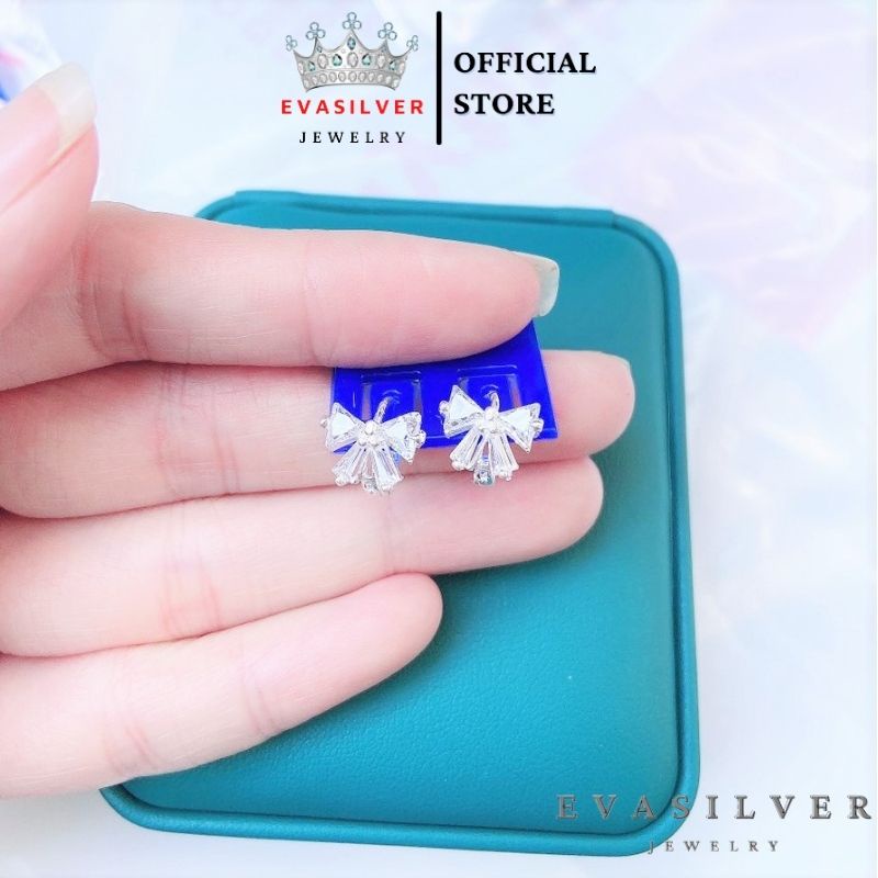 Bông tai hình nơ đính đá tam giác, khuyên tai chất liệu bạc ta cao cấp - Trang sức bạc Evasilver