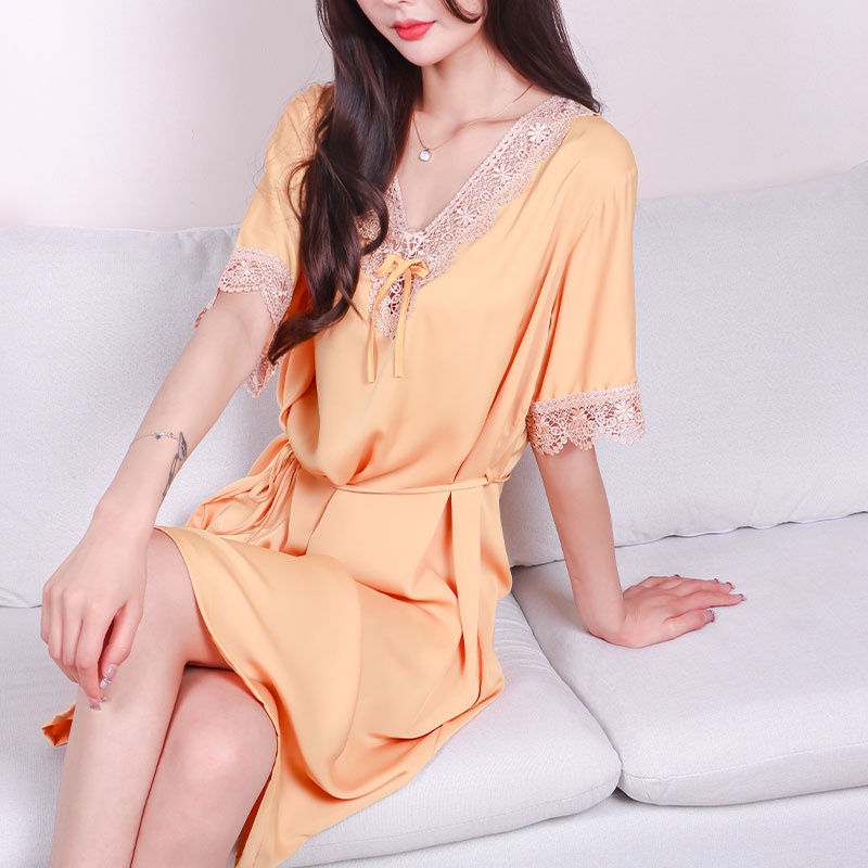 Đầm Ngủ Lụa Ngắn Tay Phối Ren Gợi Cảm Theo Phong Cách Mùa Hè Dành Cho