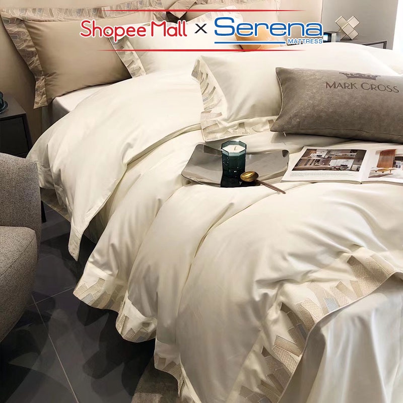 Bộ Ra Giường 5 Món Lụa Satin SERENA Chính Hãng Set Combo Full Chăn Ga grap Drap Gối Đệm Trần Bông Trải Giường Cao Cấp