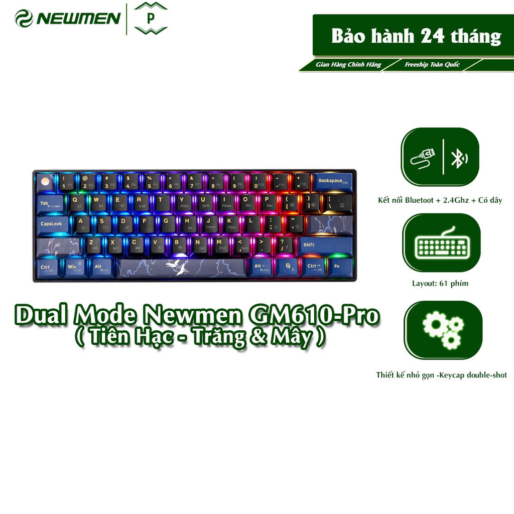 Bàn phím cơ không dây Dual Mode Newmen GM610-Pro ( Tiên Hạc - Trăng & Mây ) - Hàng chính hãng, bảo hành 24 tháng