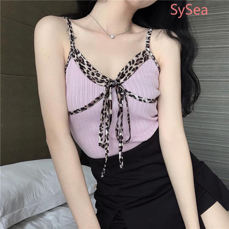 Áo Hai Dây Dệt Kim Phối Họa Tiết Da Báo Quyến Rũ Cho Nữ