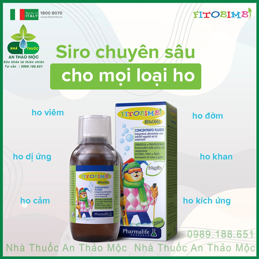 Fitobimbi Broncamil.Thảo Dược Ho Có Đờm,Viêm Họng,Viêm Phế Quản Làm Dịu Mát Họng