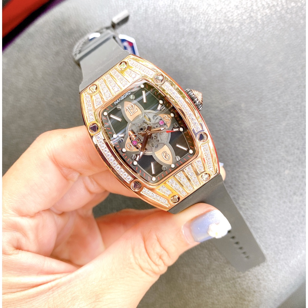 Có Video Cặp Đôi - Đồng Hồ Nữ Nam Hanboro Automatic Rose Gold Black , Dây Cao Su , Size 36mm/48mm