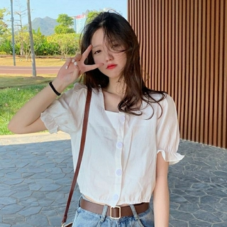 2021 French Women's Bubble Sleeve blouse Short sleeve loose solid color