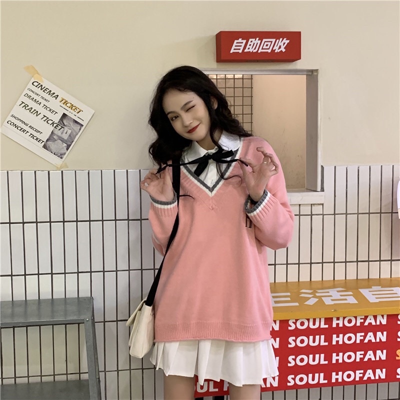 Áo len nữ form rộng thiết kế cổ chữ v tay áo kẻ sọc trước ngực thêu chữ H phong cách trẻ trung Hàn Quốc