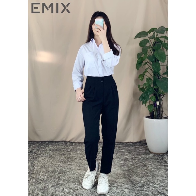 Áo sơ mi nữ basic EMIX (màu trắng xanh), dáng dài, cơ bản, dài tay, form rộng, vải lụa thô mềm nhẹ, KHÔNG LỘ