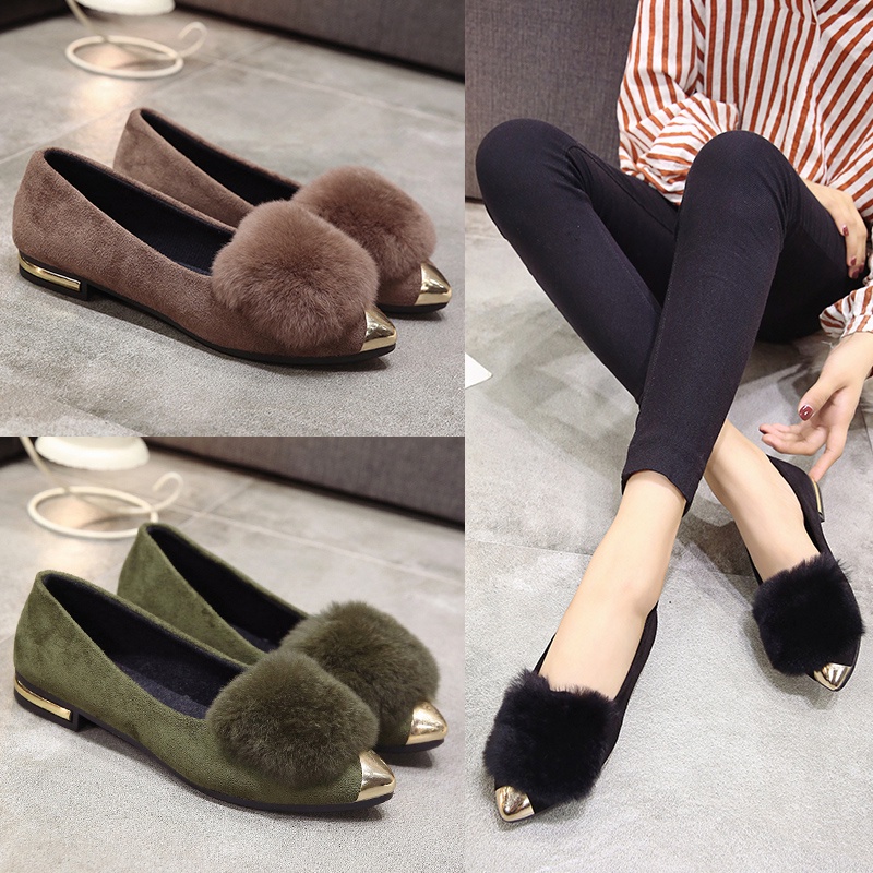 Giày Búp Bê Mũi Nhọn Phối Lông Đế Dày Thời Trang Mùa Thu Hàn Quốc Mới 2021