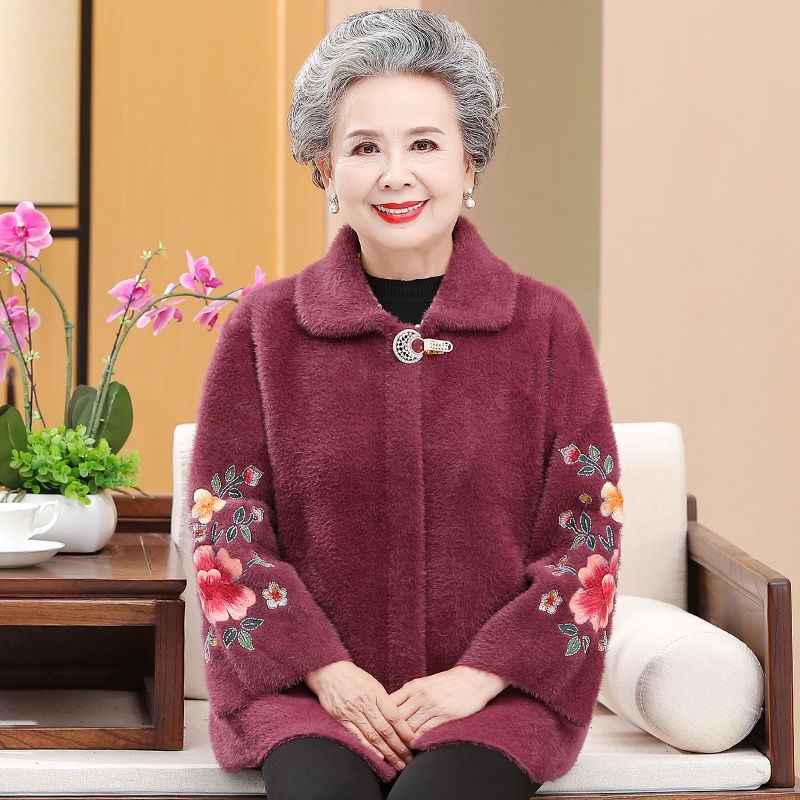 Người cao tuổi áo khoác nhung chồn mùa thu bà mẹ già áo len mùa xuân và mùa thu
