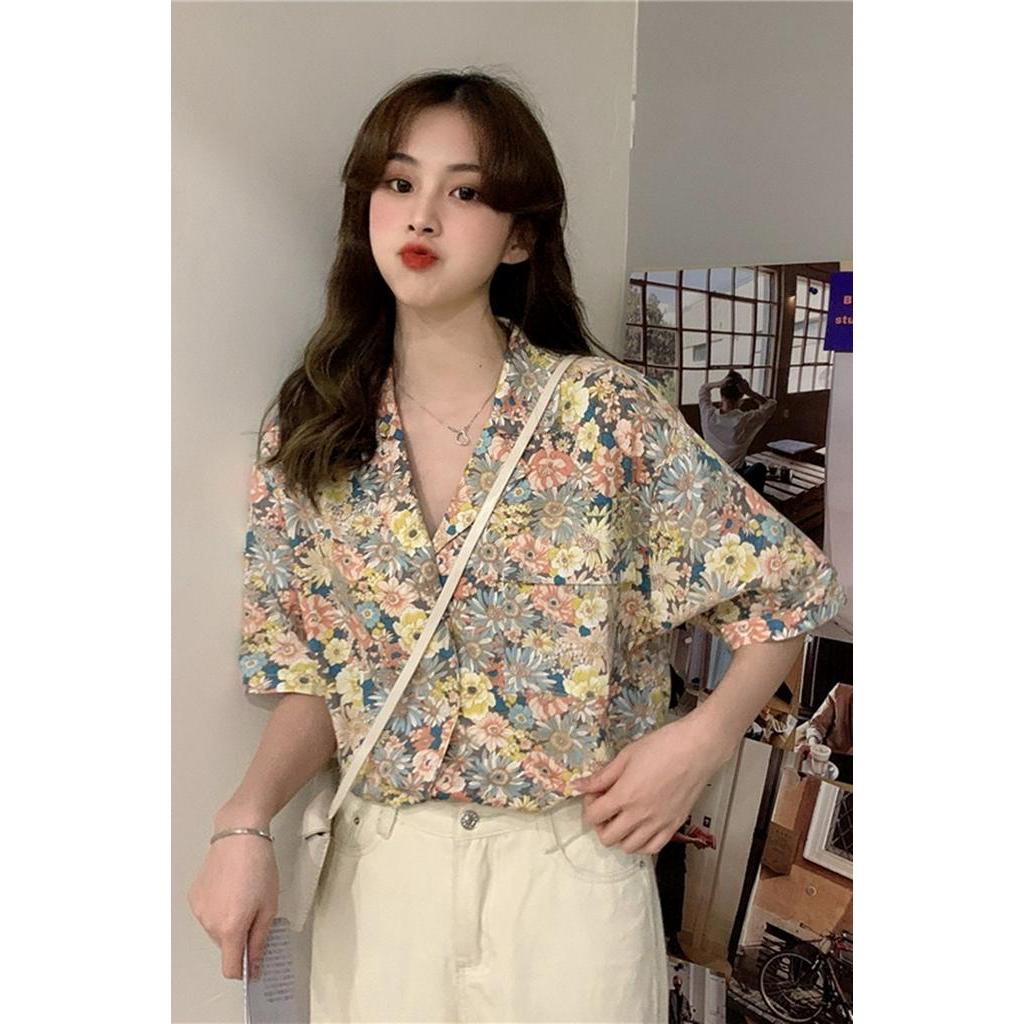 Áo Sơ Mi Tay Ngắn Chất Chiffon Phối Họa Tiết Hoa Xinh Xắn Thời Trang Kiểu Pháp