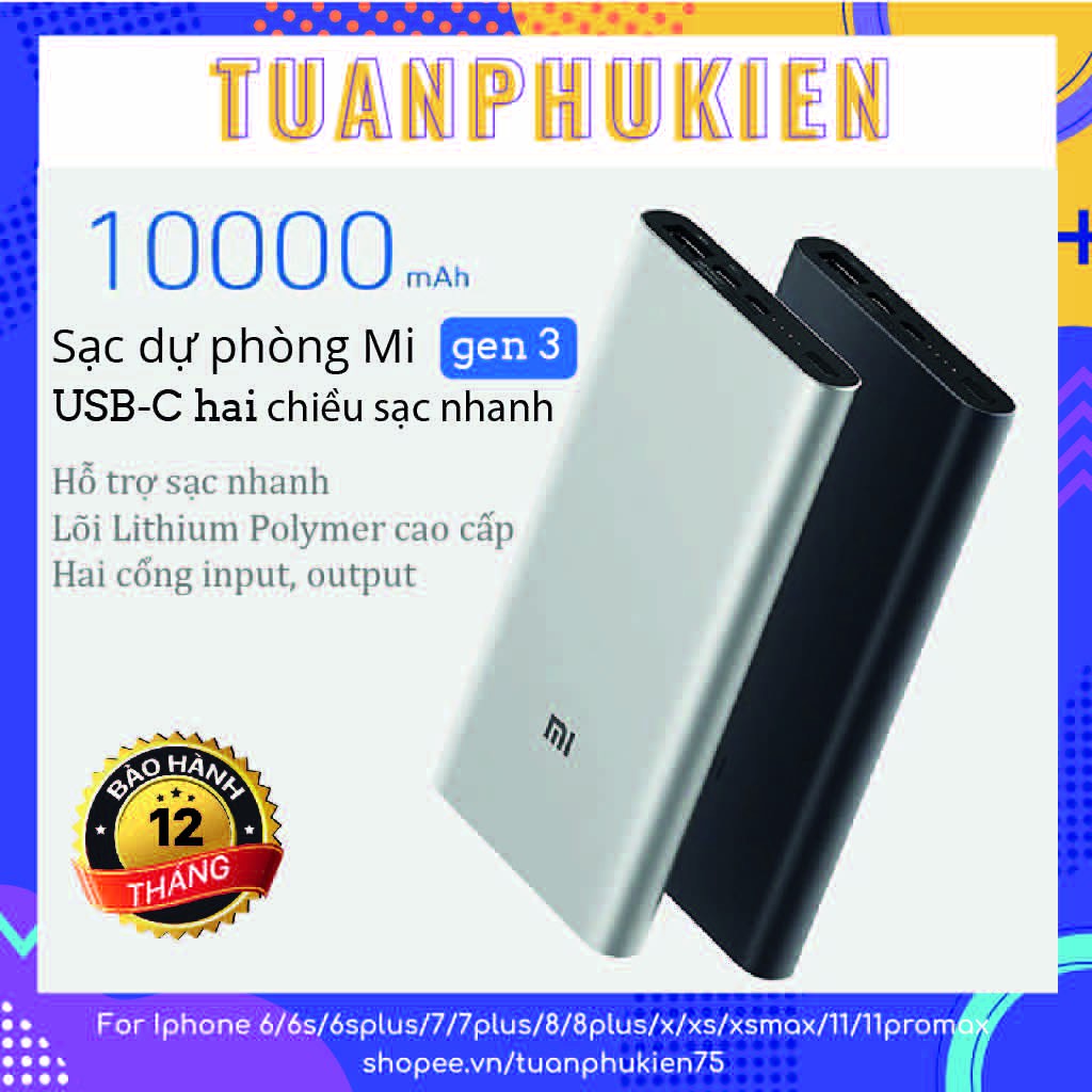 Sạc Dự Phòng ⚡ FREESHIP⚡ Pin Sạc Dự Phòng Xiaomi Gen 3 -10000 Mah - Bảo Hành 12 Tháng ⚡ Tuấn Phụ Kiện