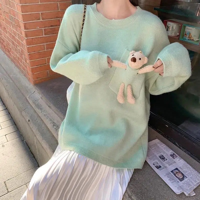 Áo Sweater Nữ Màu Xanh Hồng Vàng Trắng Cổ Tròn Có Túi Gấu Cute Dài Tay, Áo Len Thu Đông Chất Loại 1 Dễ Thương