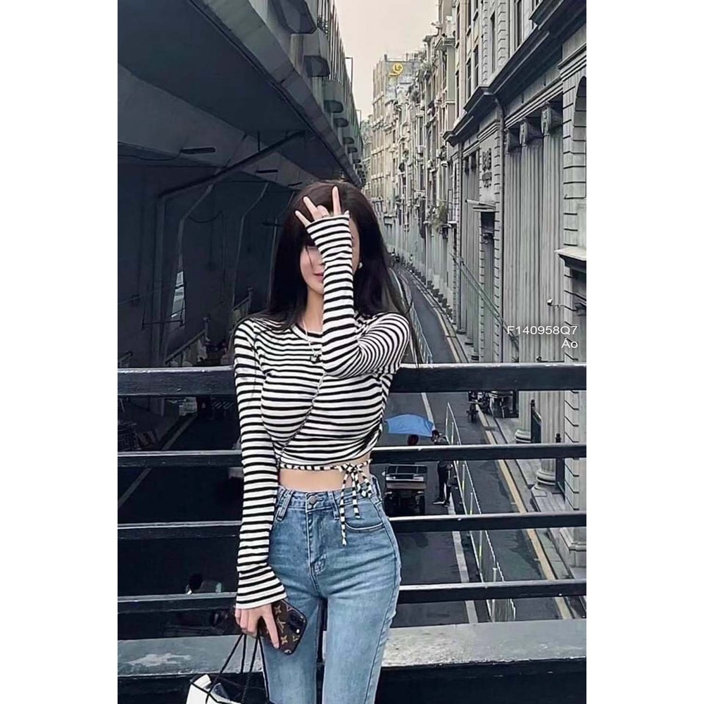 Áo thun trơn dáng croptop cột dây eo tay dài!