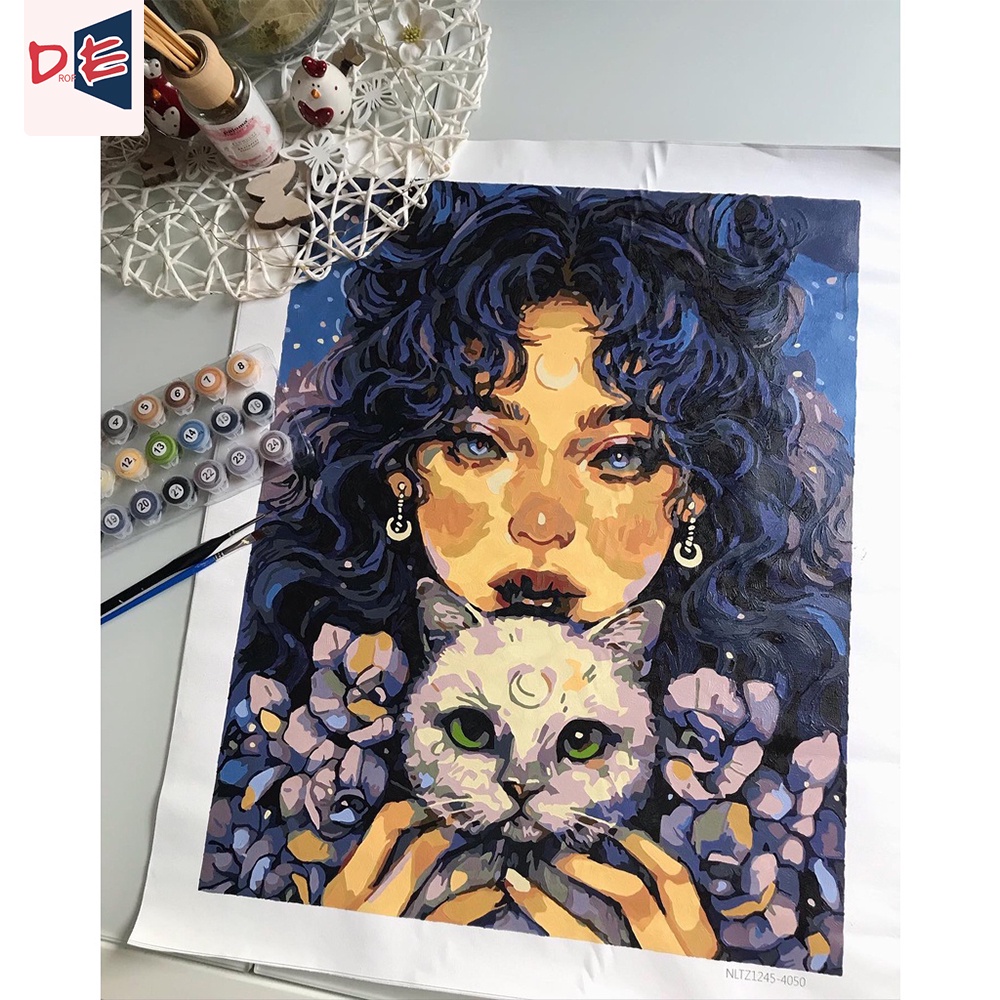 DROFE Bộ Tranh Vải canvas Tự Làm Hình Cô Gái Và Hoa Độc Đáo 40x50cm