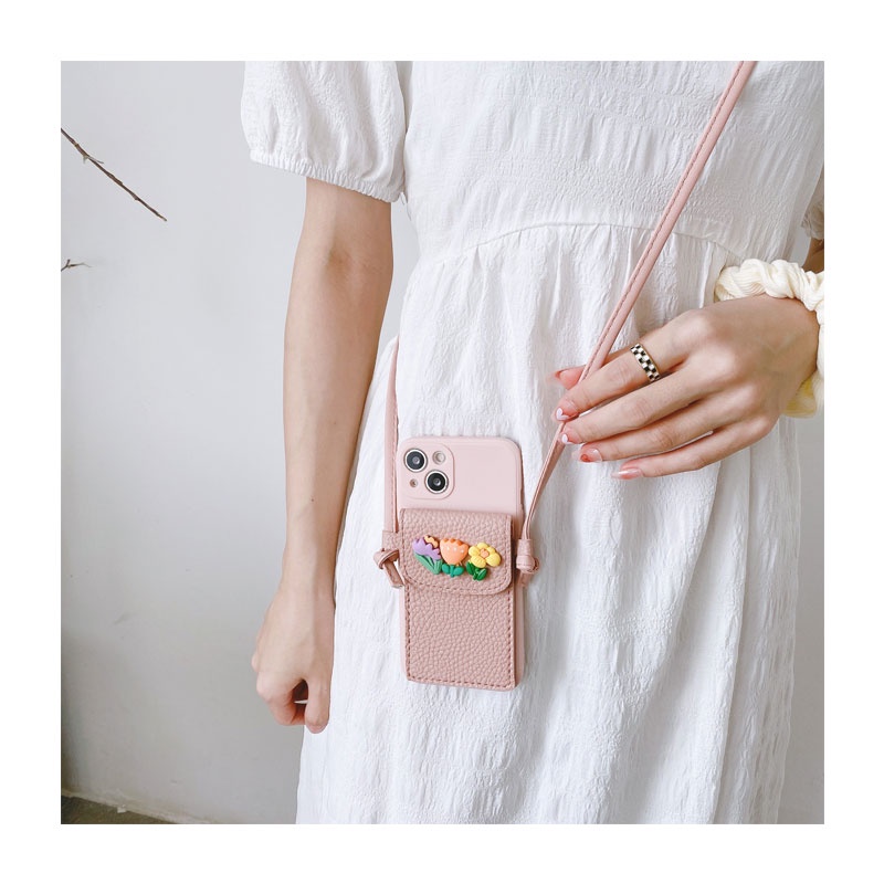 Ốp Điện Thoại Da Dạng Ví Hình Hoa Có Dây Đeo Chéo Cho Iphone 13 12 Mini 13Pro 12 11 Pro Max 12Pro 13 Pro Max