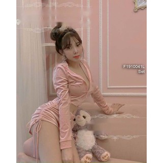 Set nhung áo kéo khóa tay dài phối quần short rút dây hai bên!