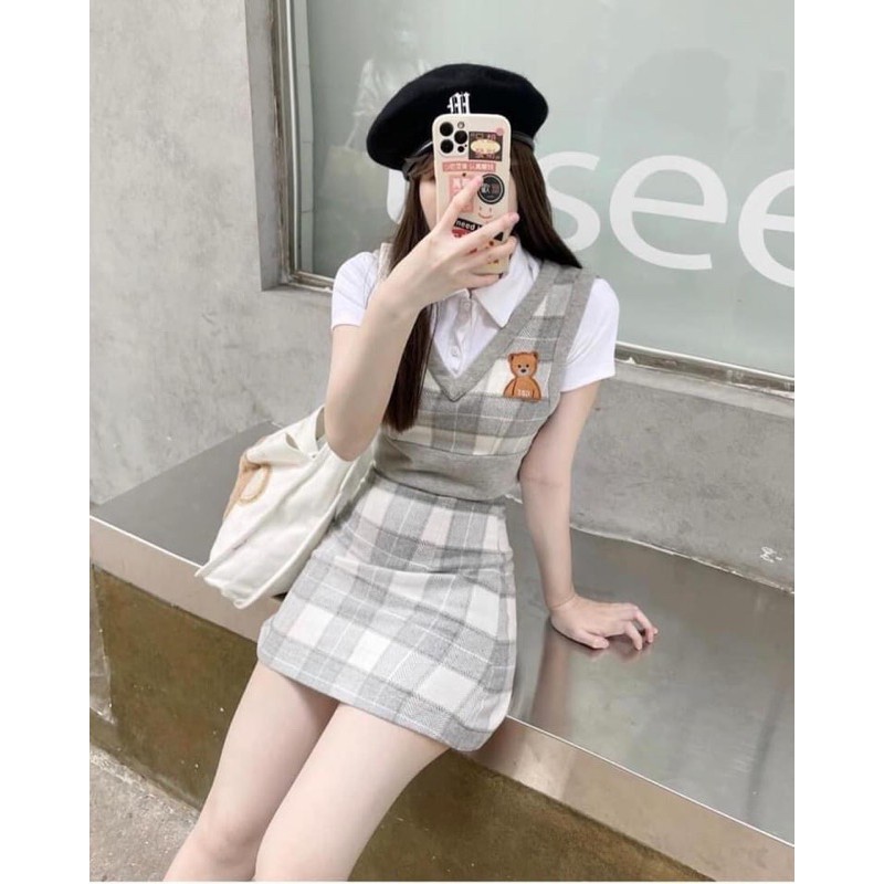 [Mã SKAMA8 giảm 8% đơn 300K] [RẺ VÔ ĐỊCH] Set 3 món áo ghile gấu , áo crt polo kèm chân váy áo polo ( Ảnh thật + Video)