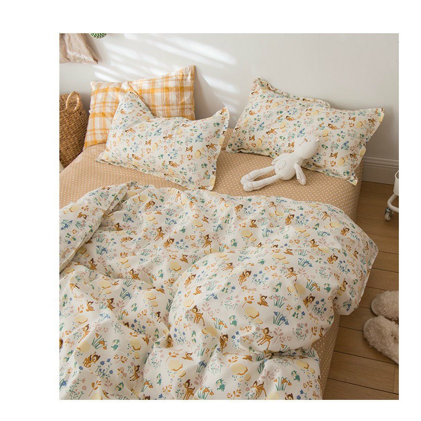 Bộ chăn ga Cotton Poly M2T bedding chăn ga Hàn Quốc họa tiết nai con nâu đủ size miễn phí bo chun