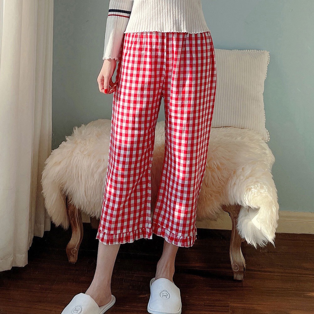 Quần nữ mặc nhà, mặc ngủ dáng lỡ vải xô cotton mềm mát họa tiết kẻ caro viền gấu