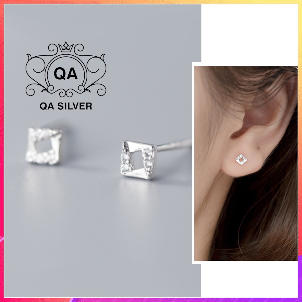 Khuyên tai bạc 925 vuông khảm đá nhỏ bông nam nữ hình học mini S925 SQUARE Silver Earrings QA SILVER EA220507