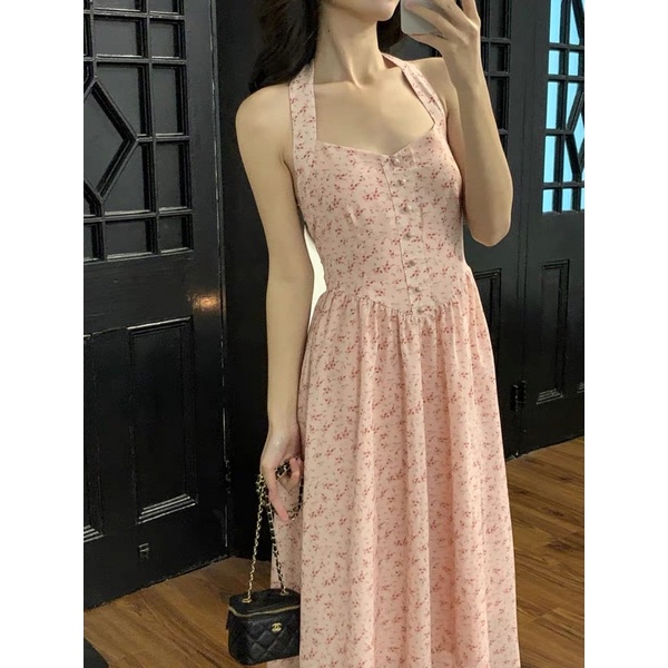 Đầm midi hoa nhí cổ yếm retro tiểu thư phong cách Pháp, váy midi hoa nhí cổ yếm