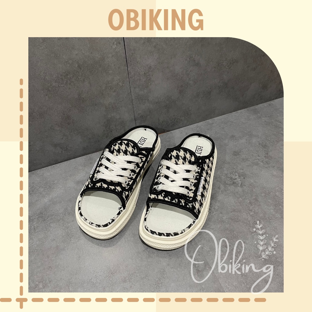 Giày sục thể thao hở mũi kẻ caro-chất canvas đế cao 3cm