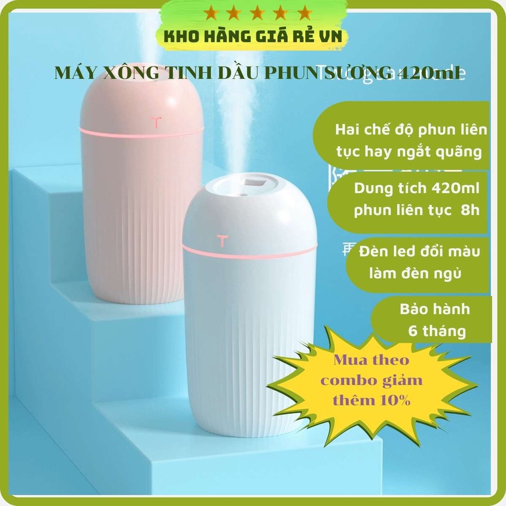 Máy xông tinh dầu phun sương tạo ẩm không khí có đèn led dùng làm đèn phòng ngủ dung tích 420ml