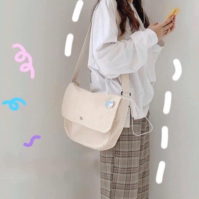 Túi đeo chéo Canvas đen - be (ảnh thật)