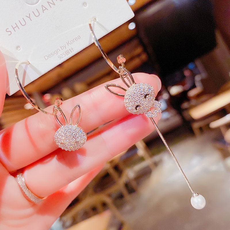 Bông Tai Mạ Bạc 925 Kiểu Tua Rua Dài Hình Thỏ Đính Đá Thời Trang