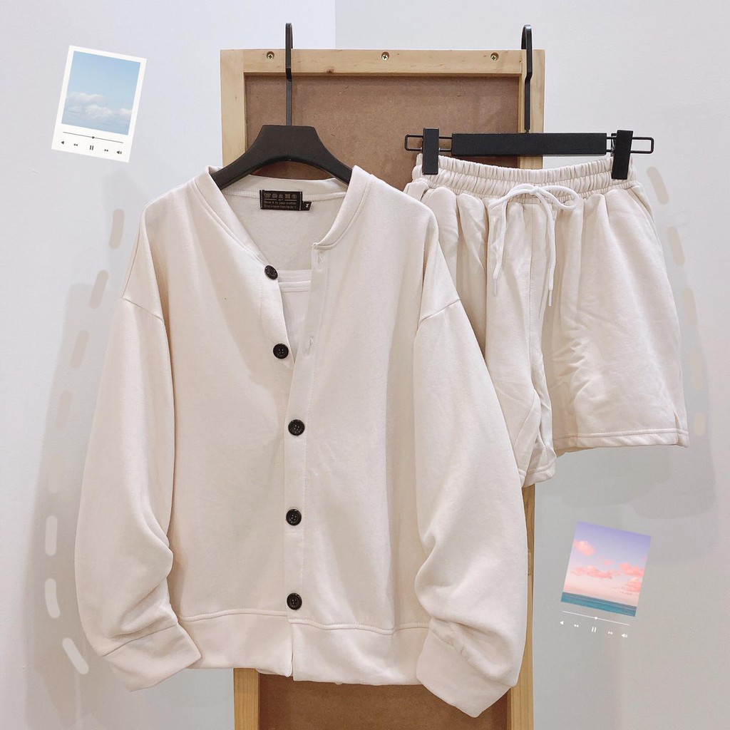 Set Cardigan YAYSHOP dáng rộng basic chất nỉ bông mềm dày dặn - 3 sản phẩm (Áo cardigan + short + bra)