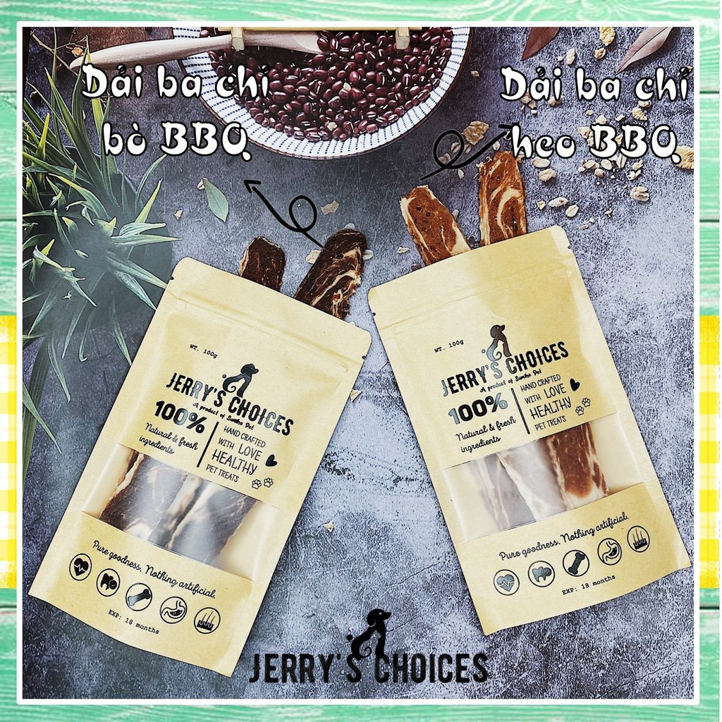 Bánh thưởng cho chó Jerry's Choices (Dải ba chỉ bò BBQ) 100gr/túi