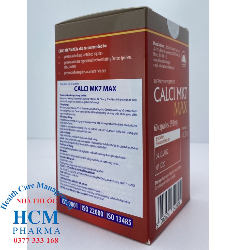 Canxi hữu cơ cho bé bà bầu CALCI MK7 MAX tăng chiều cao cho người lớn hộp 60 viên nhập khẩu châu Âu HCM44