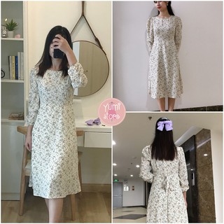 [hàng đẹp] Váy hoa nhí vintage dài tay cổ tròn màu trắng, váy suông hoa nhí chất voan lụa đẹp YUMI STORE | A434
