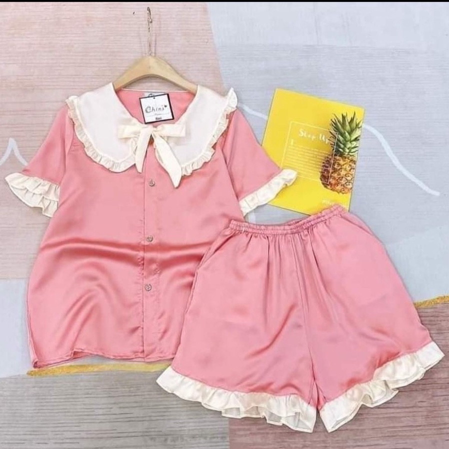 Bộ ngủ nữ pijama bèo tiểu thư chất phi lụa tay cộc quần đùi mặc nhà thoải mái dễ thương giá rẻ HANMICMIC H50