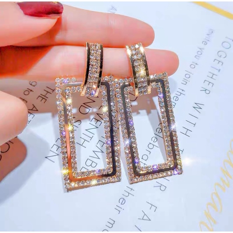bông tai hình chữ nhật đính đá, khuyên tai sang chảnh phong cách hàn quốc