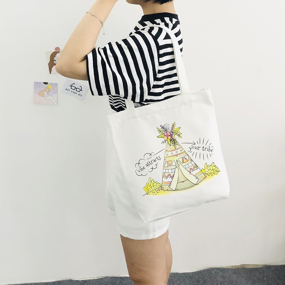 Túi tote vải Canvas đeo vai in hình túp lều BEE1483-6E8 - Chưa kèm dây đeo chéo